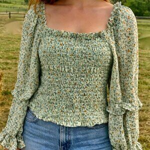 Elastic Bodice Top w/ Long Sleeve Scoop Neck Green Print Large Cottagecore style